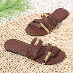 Veloura Brown Gold Stripe Sandals Women Minimalist Summer Flat Slides